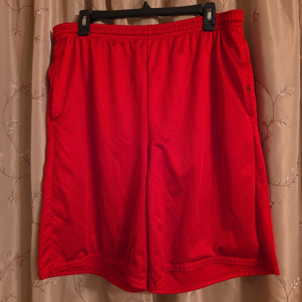 Vibrant Red Men's Athletic Shorts Small Stain by Pocket as Pictured